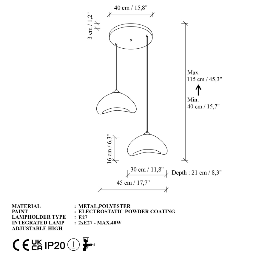 Brilagi - WABI SABI-riippuvalaisin kaapelilla 2xE27/40W/230V, halkaisija 45 cm, valkoinen