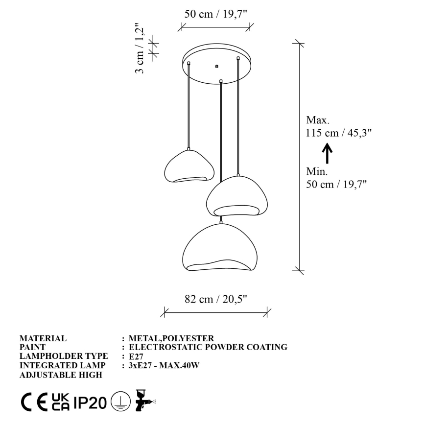 Brilagi - WABI SABI-riippuvalaisin kaapelilla 3xE27/40W/230V halkaisija 82 cm valkoinen