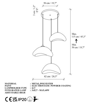 Brilagi - WABI SABI-riippuvalaisin kaapelilla 3xE27/40W/230V, Ø 82 cm, valkoinen