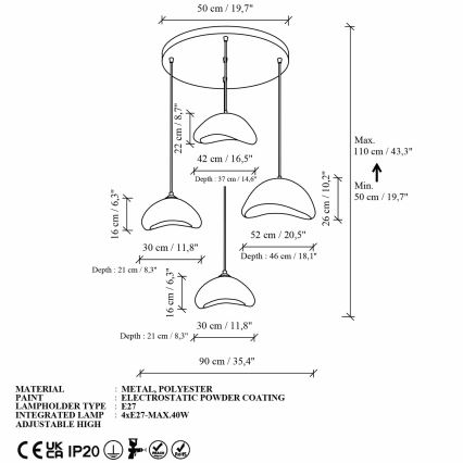 Brilagi - WABI SABI-riippuvalaisin ripustuskaapelilla, 4xE27/40W/230V, Ø 90 cm, valkoinen
