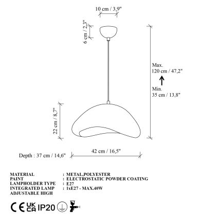 Brilagi - WABI SABI-riippuvalaisin vaijerilla 1xE27/40W/230V, halkaisija 42 cm, valkoinen
