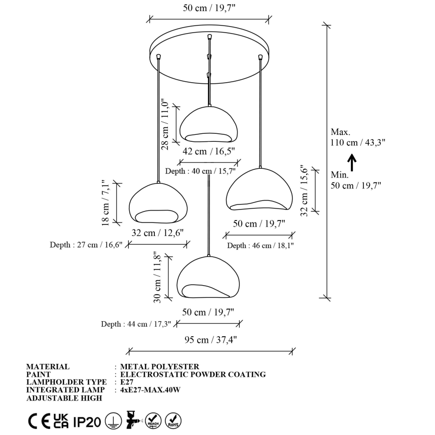 Brilagi - WABI SABI-riippuvalaisin vaijerilla 4xE27/40W/230V, Ø 95 cm, valkoinen