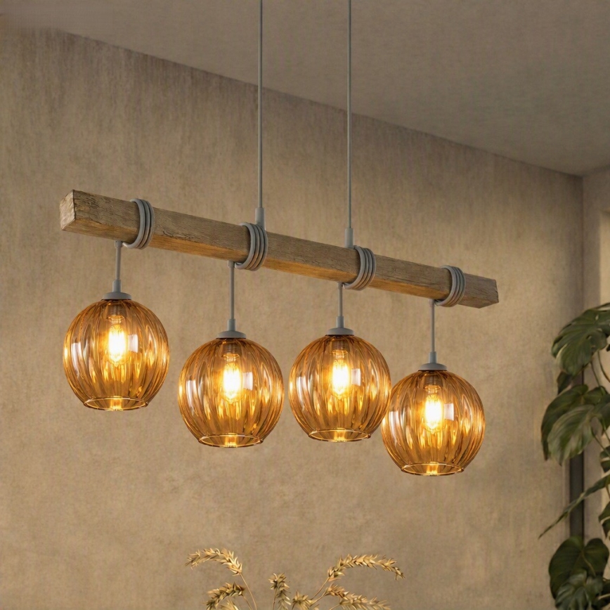 BRILAGI - Riippuvalaisin vaijerilla WOOD GLASS 4xE27/60W/230V mänty/harmaa/savunruskea
