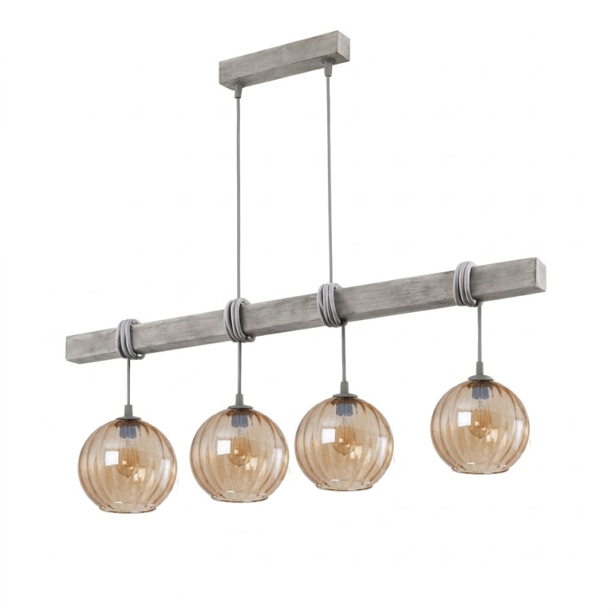BRILAGI - Riippuvalaisin vaijerilla WOOD GLASS 4xE27/60W/230V mänty/harmaa/savunruskea
