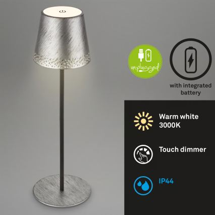 Brilo - himmennettävä ladattava kosketusohjattu ulkokäyttöön tarkoitettu pöytälamppu KIKI LED/2,6W/5V IP44 2600 mAh hopea