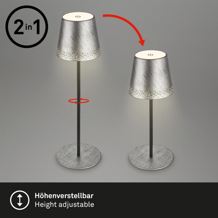Brilo - himmennettävä ladattava kosketusohjattu ulkokäyttöön tarkoitettu pöytälamppu KIKI LED/2,6W/5V IP44 2600 mAh hopea