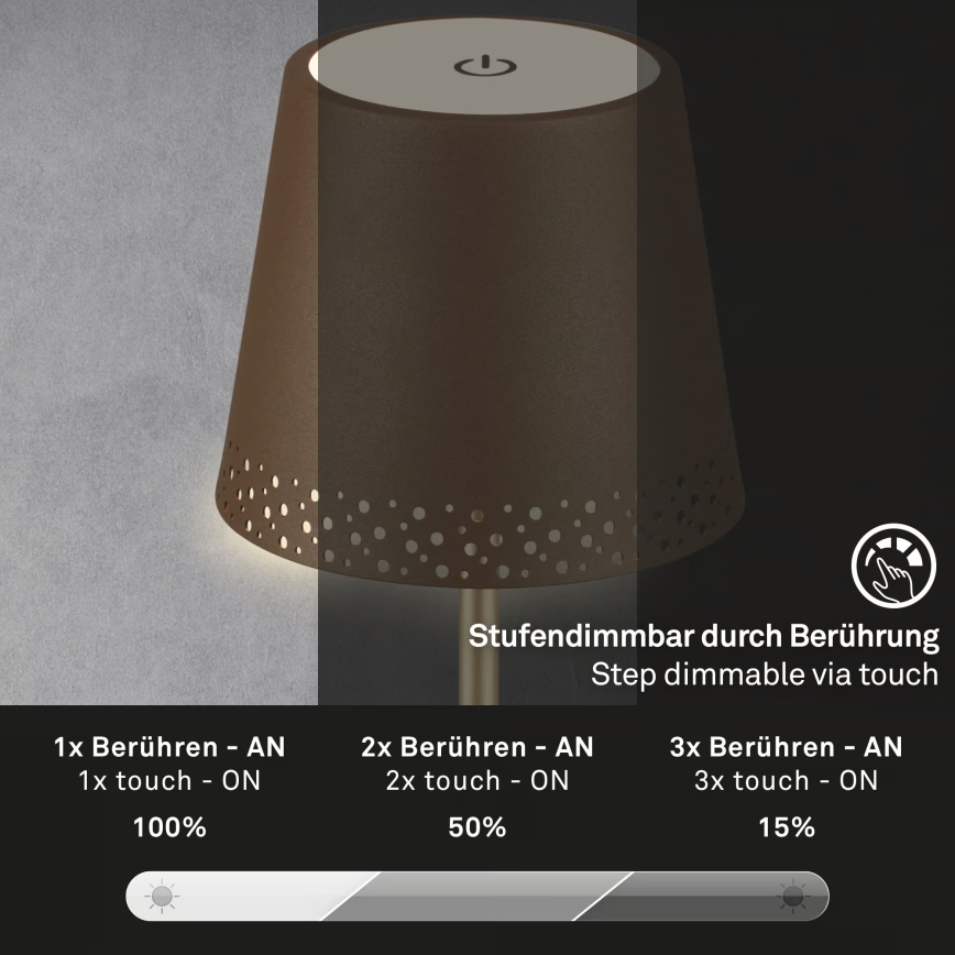 Brilo - LED himmennettävä ladattava kosketuskäyttöinen ulkokäyttöön tarkoitettu pöytälamppu KIKI LED/2,6W/5V IP44 2600 mAh ruskea