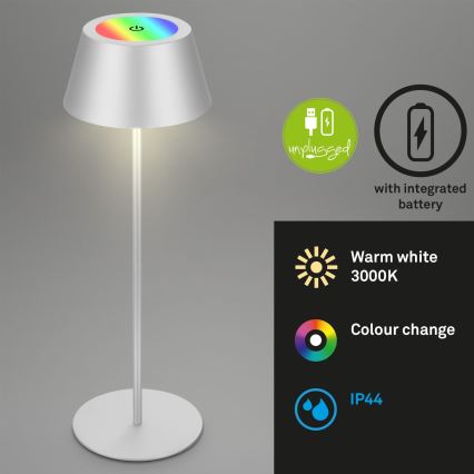 Brilo - LED RGB himmennettävä, ladattava kosketusohjattu ulkokäyttöön tarkoitettu pöytälamppu KIKI LED/2,6W/5V IP44 2600 mAh hopea