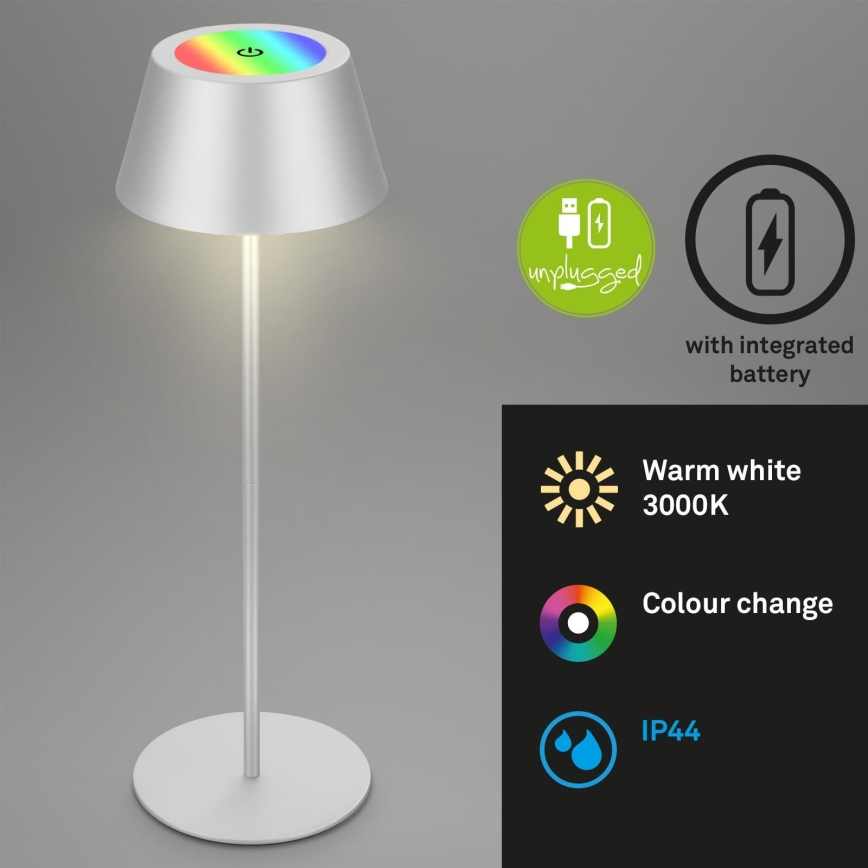 Brilo - LED RGB himmennettävä, ladattava kosketusohjattu ulkokäyttöön tarkoitettu pöytälamppu KIKI LED/2,6W/5V IP44 2600 mAh hopea