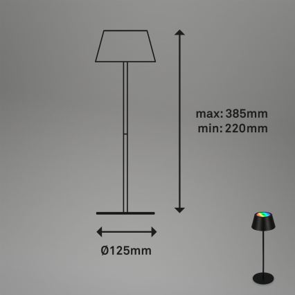 Brilo - LED RGB himmennettävä ladattava kosketusohjattu ulkokäyttöinen pöytävalaisin KIKI LED/2,6W/5V IP44 2600 mAh musta