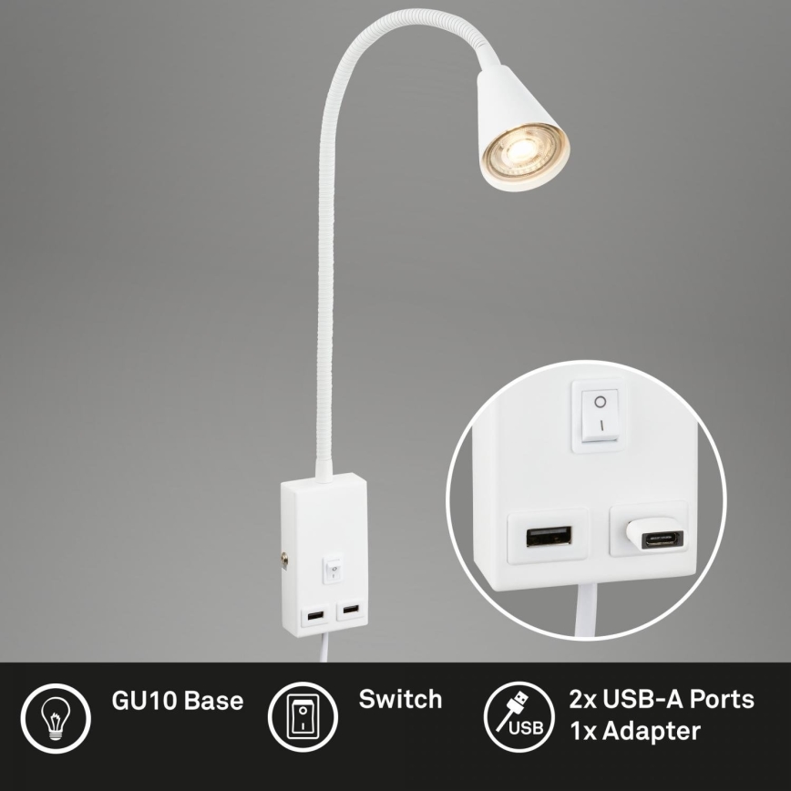 Briloner 2175-016 - Taipuisa seinävalaisin USB-portilla 1xGU10/10W/230V valkoinen