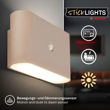 Briloner 3878011 - ladattava LED-seinävalaisin liiketunnistimella ja hämäräkytkimellä CHAT LED/3W/5V 2000 mAh beige