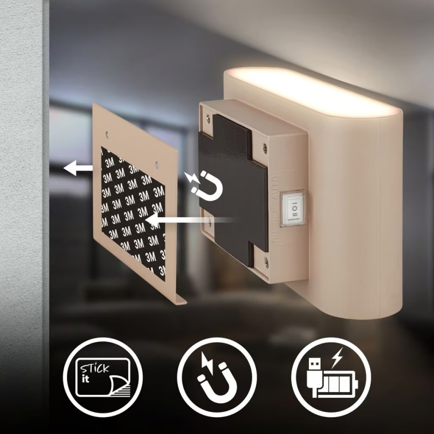 Briloner 3878011 - ladattava LED-seinävalaisin liiketunnistimella ja hämäräkytkimellä CHAT LED/3W/5V 2000 mAh beige