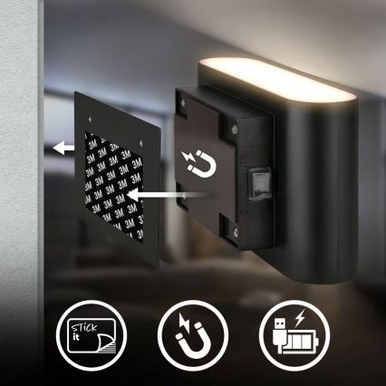 Briloner 3878015 - ladattava seinävalaisin liike- ja hämäräanturilla, CHAT LED/3W/5V 2000 mAh, musta