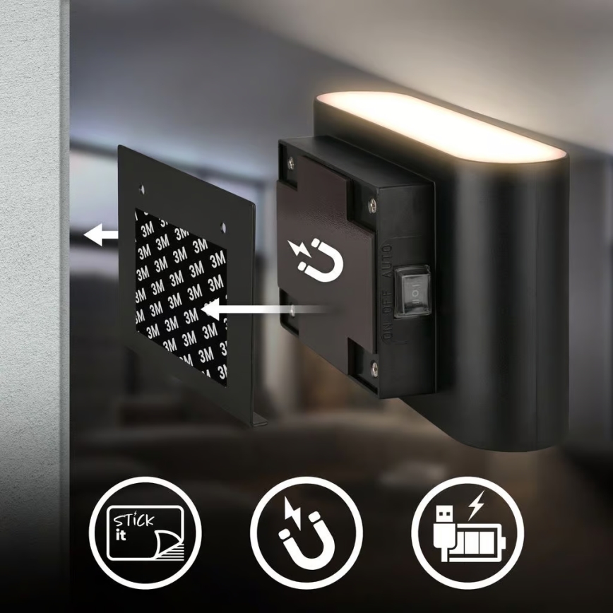 Briloner 3878015 - ladattava seinävalaisin liike- ja hämäräanturilla, CHAT LED/3W/5V 2000 mAh, musta