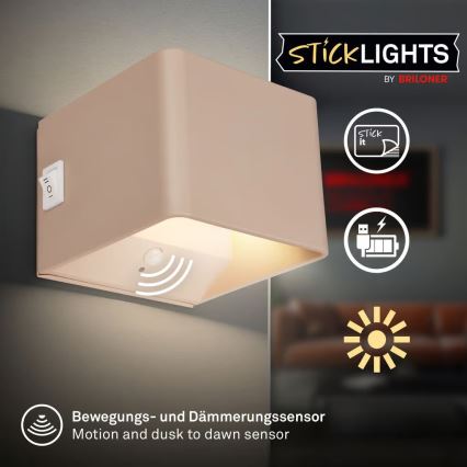 Briloner 3879011 - ladattava LED-seinävalaisin liiketunnistimella ja hämäräkytkimellä BORRA LED/1,5W/5V 3600 mAh beige