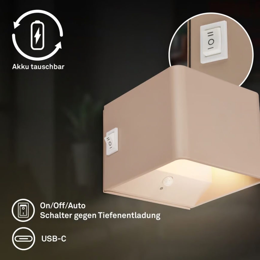 Briloner 3879011 - ladattava LED-seinävalaisin liiketunnistimella ja hämäräkytkimellä BORRA LED/1,5W/5V 3600 mAh beige