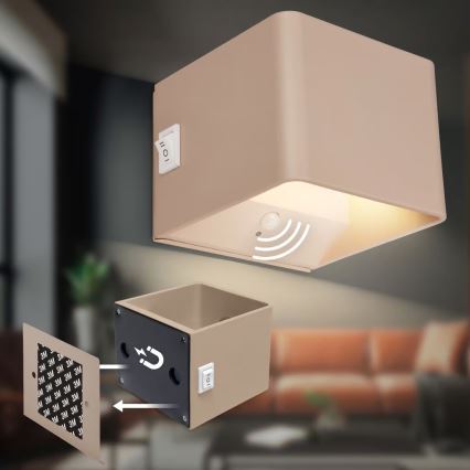 Briloner 3879011 - ladattava LED-seinävalaisin liiketunnistimella ja hämäräkytkimellä BORRA LED/1,5W/5V 3600 mAh beige