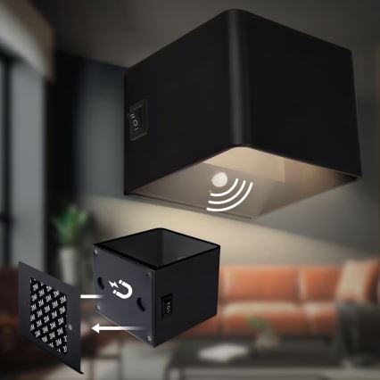 Briloner 3879015 - BORRA ladattava LED-seinävalaisin liike- ja hämäräsensorilla, 1,5 W/5 V, 3600 mAh, musta