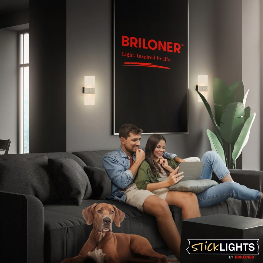 Briloner 3888012 - AURA LED-ladattava seinävalaisin liiketunnistimella ja hämäräkytkimellä LED/2,5W/5V 1800 mAh mattakromi