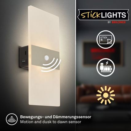 Briloner 3888012 - AURA LED-ladattava seinävalaisin liiketunnistimella ja hämäräkytkimellä LED/2,5W/5V 1800 mAh mattakromi
