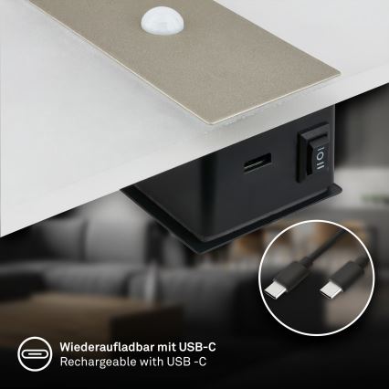Briloner 3888012 - AURA LED-ladattava seinävalaisin liiketunnistimella ja hämäräkytkimellä LED/2,5W/5V 1800 mAh mattakromi