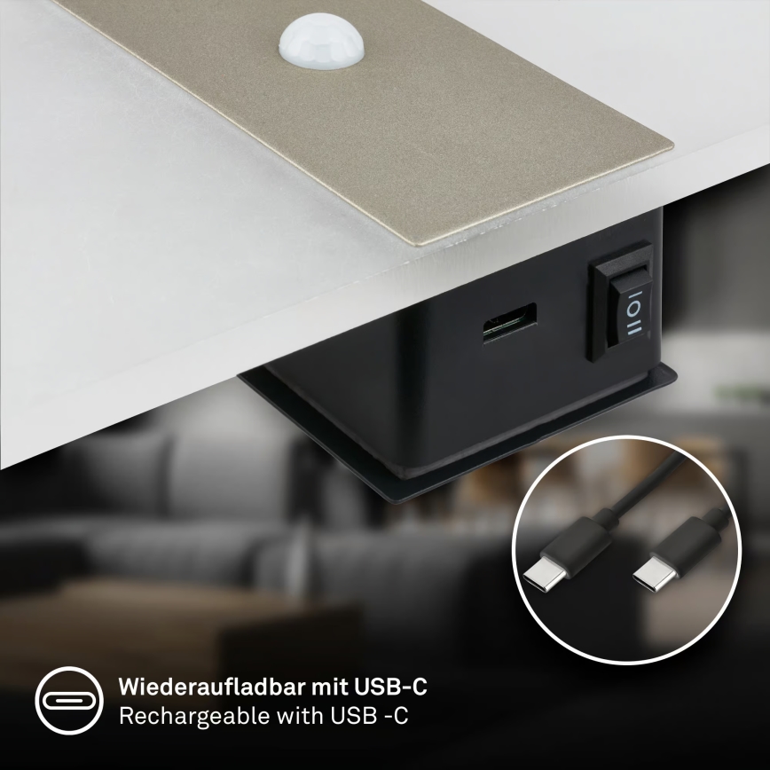Briloner 3888012 - AURA LED-ladattava seinävalaisin liiketunnistimella ja hämäräkytkimellä LED/2,5W/5V 1800 mAh mattakromi