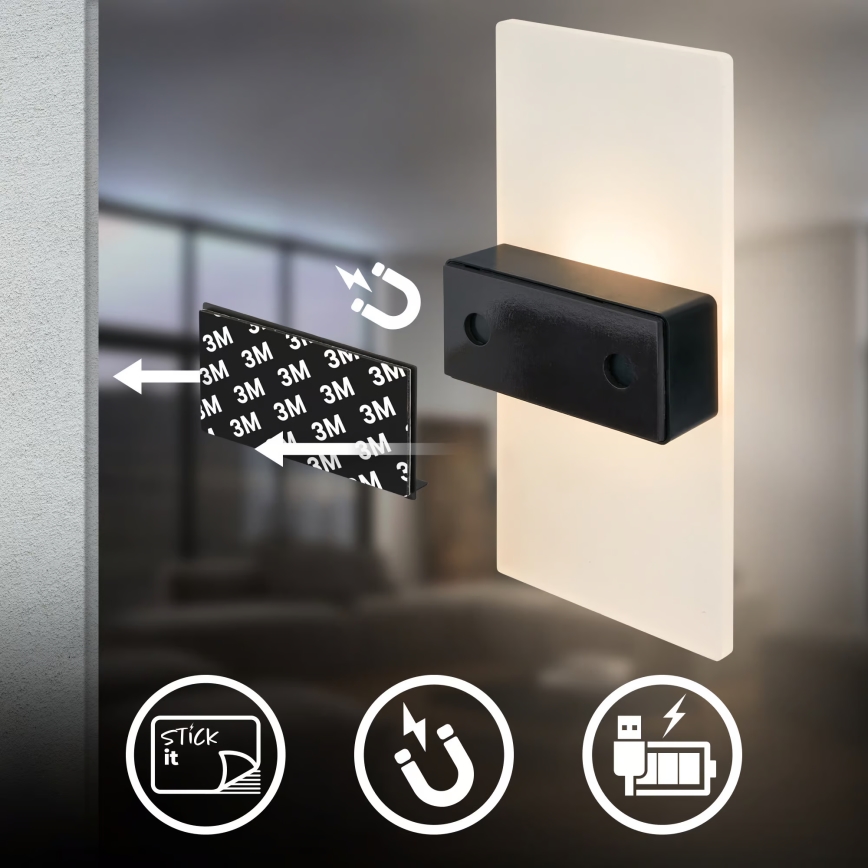 Briloner 3888012 - AURA LED-ladattava seinävalaisin liiketunnistimella ja hämäräkytkimellä LED/2,5W/5V 1800 mAh mattakromi
