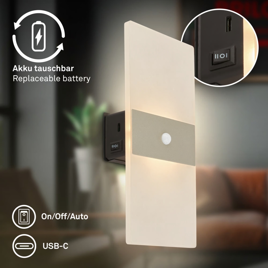 Briloner 3888012 - AURA LED-ladattava seinävalaisin liiketunnistimella ja hämäräkytkimellä LED/2,5W/5V 1800 mAh mattakromi