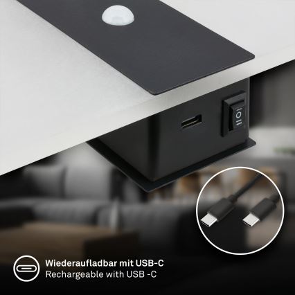 Briloner 3888015 - AURA ladattava LED-seinävalaisin liike- ja hämärätunnistimella LED/2,5W/5V 1800 mAh musta