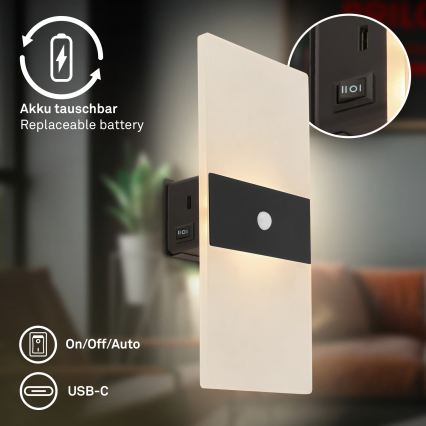 Briloner 3888015 - AURA ladattava LED-seinävalaisin liike- ja hämärätunnistimella LED/2,5W/5V 1800 mAh musta