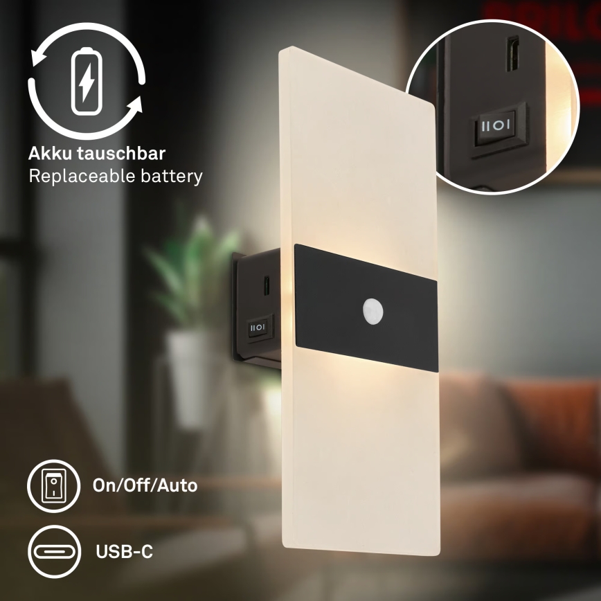 Briloner 3888015 - AURA ladattava LED-seinävalaisin liike- ja hämärätunnistimella LED/2,5W/5V 1800 mAh musta