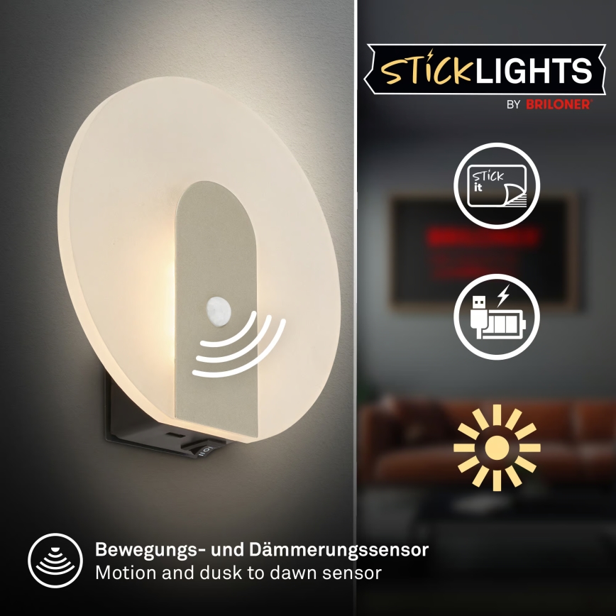 Briloner 3889012 - ladattava LED-seinävalaisin liiketunnistimella ja hämäräkytkimellä TARO LED/2,5W/5V 1800 mAh mattakromi