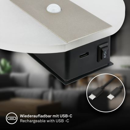 Briloner 3889012 - ladattava LED-seinävalaisin liiketunnistimella ja hämäräkytkimellä TARO LED/2,5W/5V 1800 mAh mattakromi