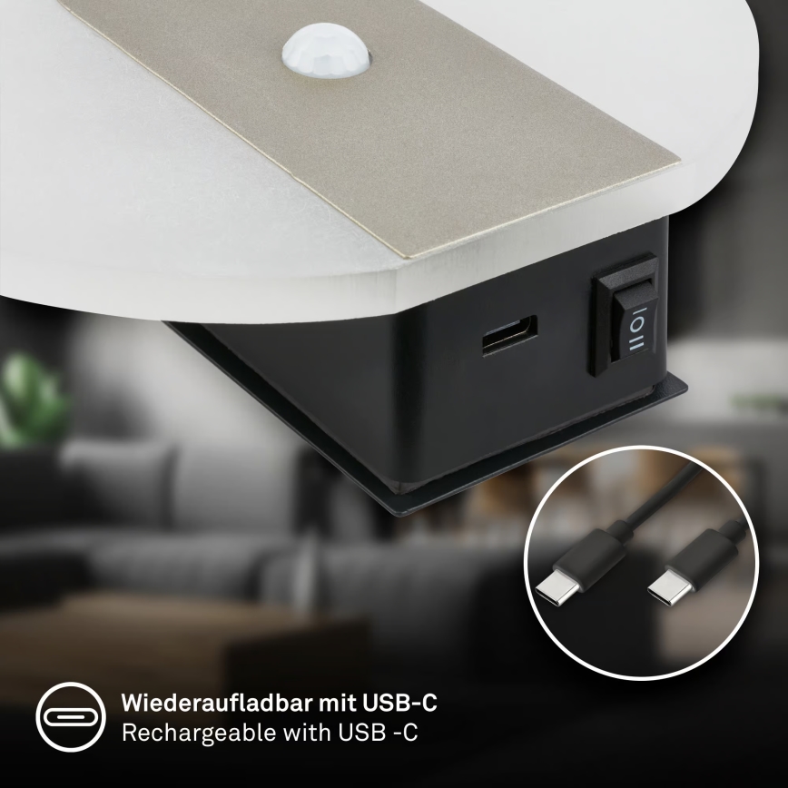 Briloner 3889012 - ladattava LED-seinävalaisin liiketunnistimella ja hämäräkytkimellä TARO LED/2,5W/5V 1800 mAh mattakromi