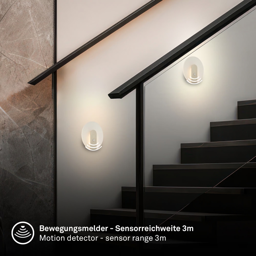 Briloner 3889012 - ladattava LED-seinävalaisin liiketunnistimella ja hämäräkytkimellä TARO LED/2,5W/5V 1800 mAh mattakromi