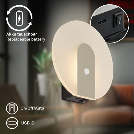 Briloner 3889012 - ladattava LED-seinävalaisin liiketunnistimella ja hämäräkytkimellä TARO LED/2,5W/5V 1800 mAh mattakromi