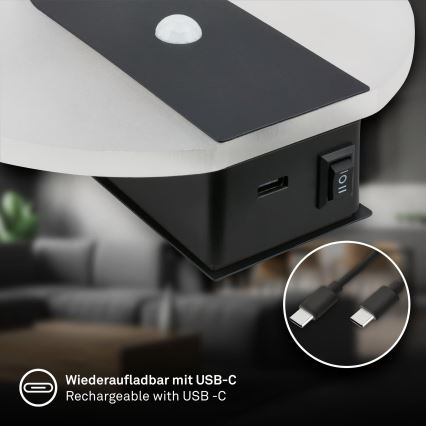 Briloner 3889015 - LED-ladattava seinävalaisin liiketunnistimella ja hämäräkytkimellä TARO LED/2,5W/5V 1800 mAh musta