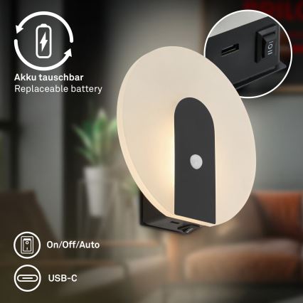 Briloner 3889015 - LED-ladattava seinävalaisin liiketunnistimella ja hämäräkytkimellä TARO LED/2,5W/5V 1800 mAh musta