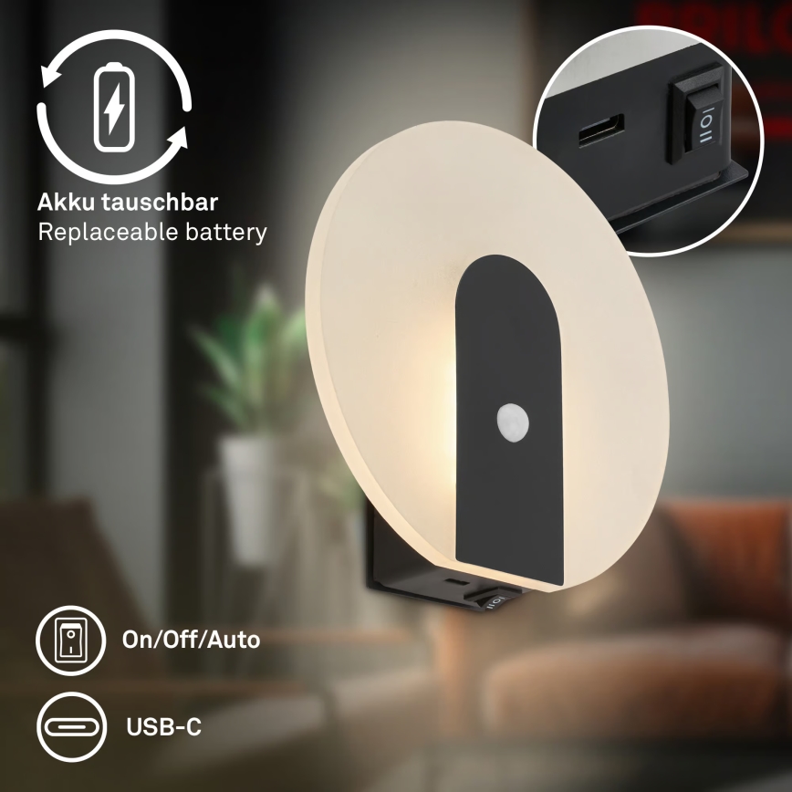 Briloner 3889015 - LED-ladattava seinävalaisin liiketunnistimella ja hämäräkytkimellä TARO LED/2,5W/5V 1800 mAh musta