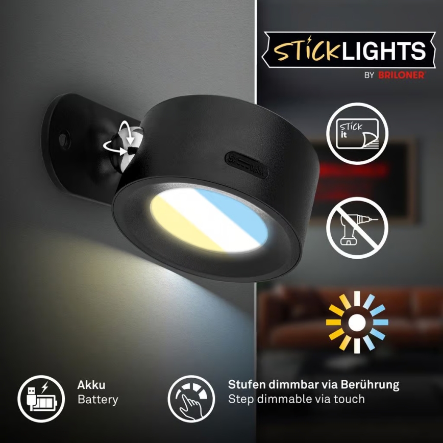 Briloner 3896015 - LED-himmennettävä ladattava seinävalaisin TARI LED/1,6W/5V 1500 mAh musta