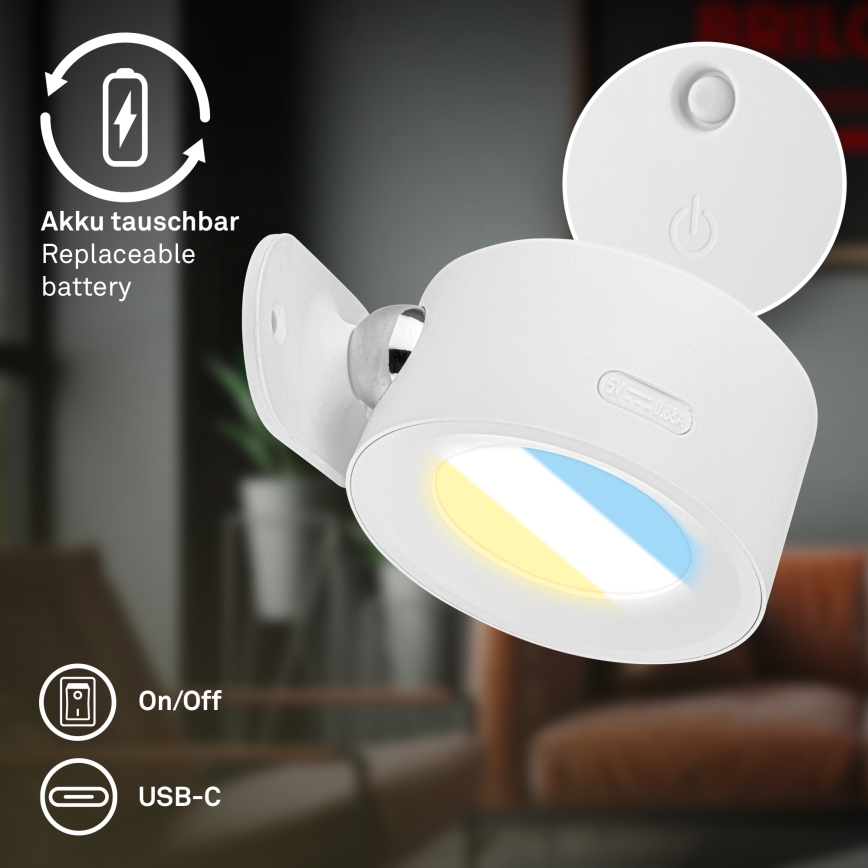 Briloner 3896016 - Himennettävä ladattava LED-seinävalaisin TARI LED/1,6W/5V 1500 mAh valkoinen