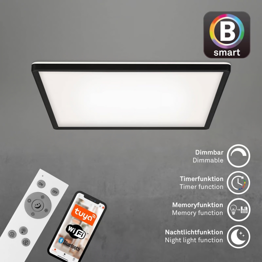 Briloner 7060-015 - Himmennettävä pinta-asennettava SLIM LED-paneeli LED/22W/230V 2700-6500K 42x42 cm musta Wi-Fi Tuya + kaukosäädin
