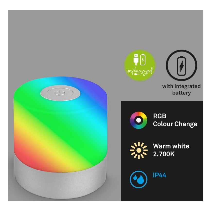 Briloner 7462014 - LED RGB ladattava ulkokäyttöön tarkoitettu pöytävalaisin LED/1,5W/5V IP44 1200 mAh mattakromi
