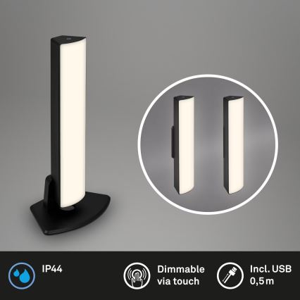 Briloner 7474-015 - LED himmennettävä kosketusohjattu ladattava ulkokäyttöön tarkoitettu pöytävalaisin 2-in-1 LED/7W/5V 2x2200 mAh USB 3000K IP44 musta