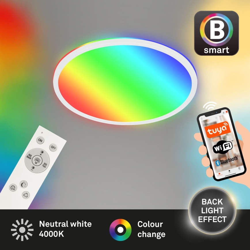 Briloner 7494016 - SMART LED RGBW himmennettävä kattovalaisin, 22 W, 230 V, 4000 K, halkaisija 42 cm, Wi‑Fi Tuya + kaukosäädin