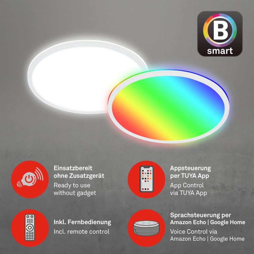 Briloner 7494016 - SMART LED RGBW himmennettävä kattovalaisin, 22 W, 230 V, 4000 K, halkaisija 42 cm, Wi‑Fi Tuya + kaukosäädin