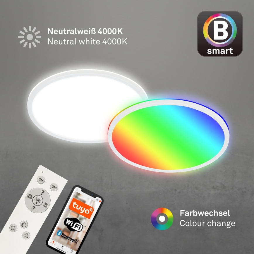 Briloner 7494016 - SMART LED RGBW himmennettävä kattovalaisin, 22 W, 230 V, 4000 K, halkaisija 42 cm, Wi‑Fi Tuya + kaukosäädin