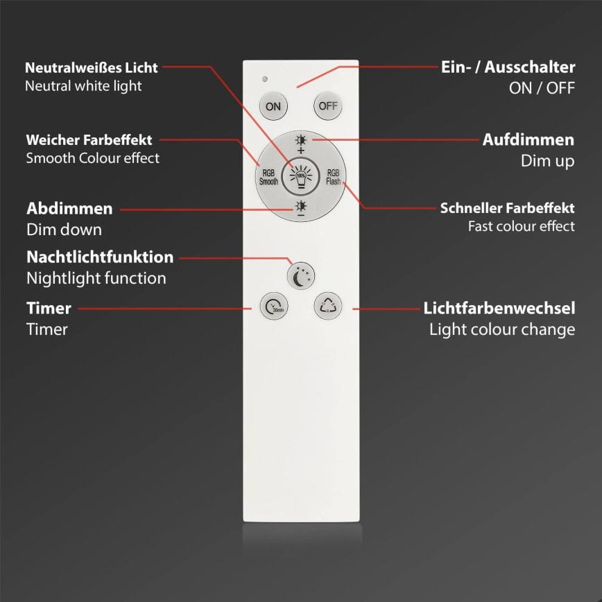 Briloner 7494016 - SMART LED RGBW himmennettävä kattovalaisin, 22 W, 230 V, 4000 K, halkaisija 42 cm, Wi‑Fi Tuya + kaukosäädin