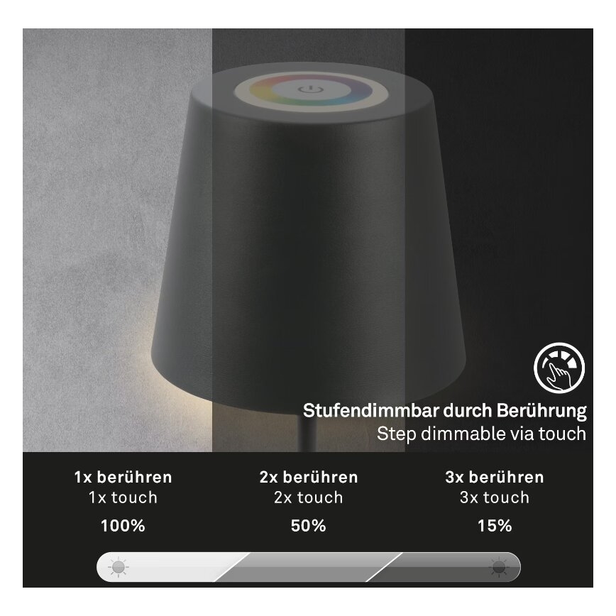 Briloner 7507015 - LED RGB himmennettävä ladattava ulkokäyttöön tarkoitettu pöytälamppu 2-in-1 LED/2,5W/5V IP44 1200 mAh antrasiitti